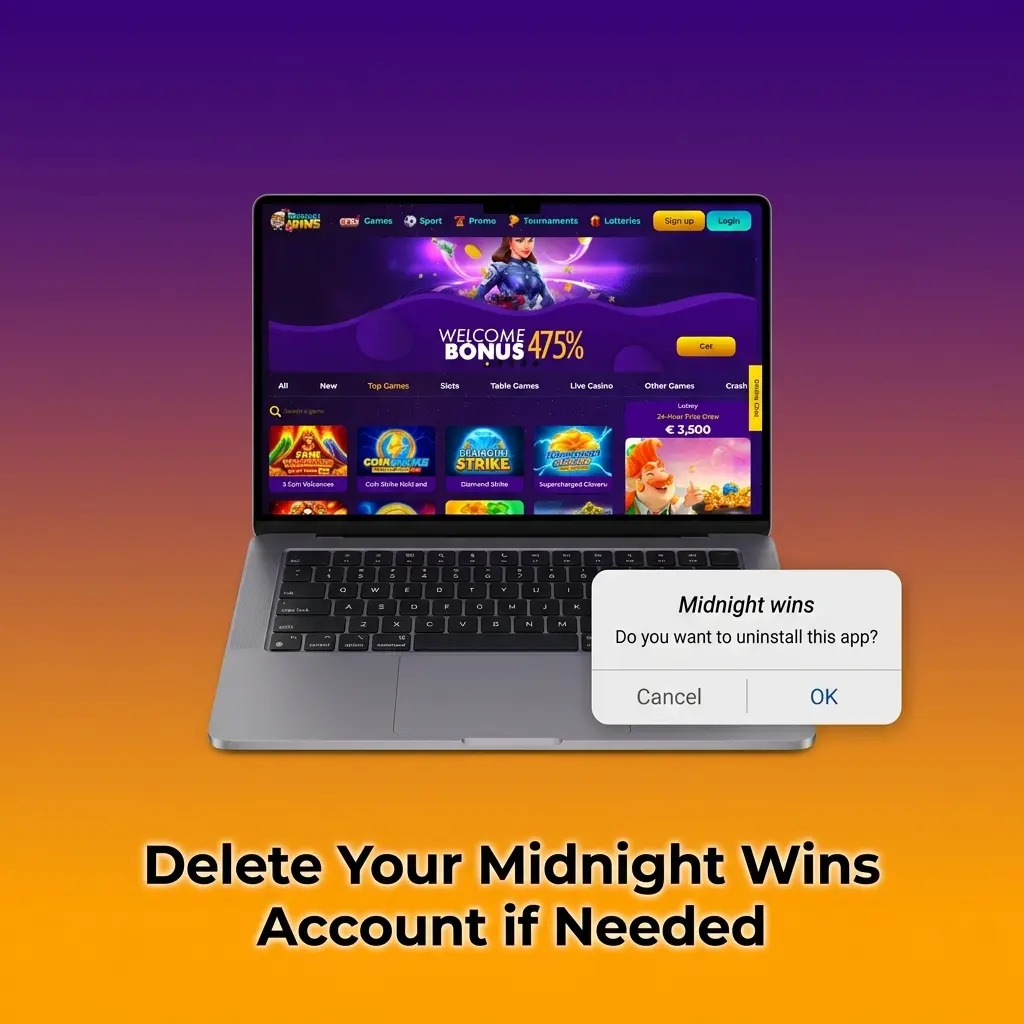 Midnight Wins account deletion steps showing settings menu, closure options, and support contact for permanent account removal