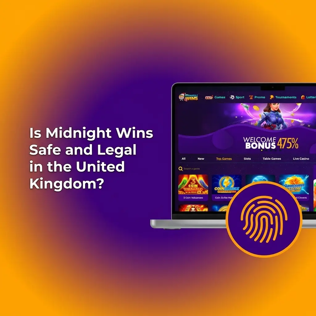 Midnight Wins casino site displaying security badge, SSL encryption, and UK gambling licence compliance information