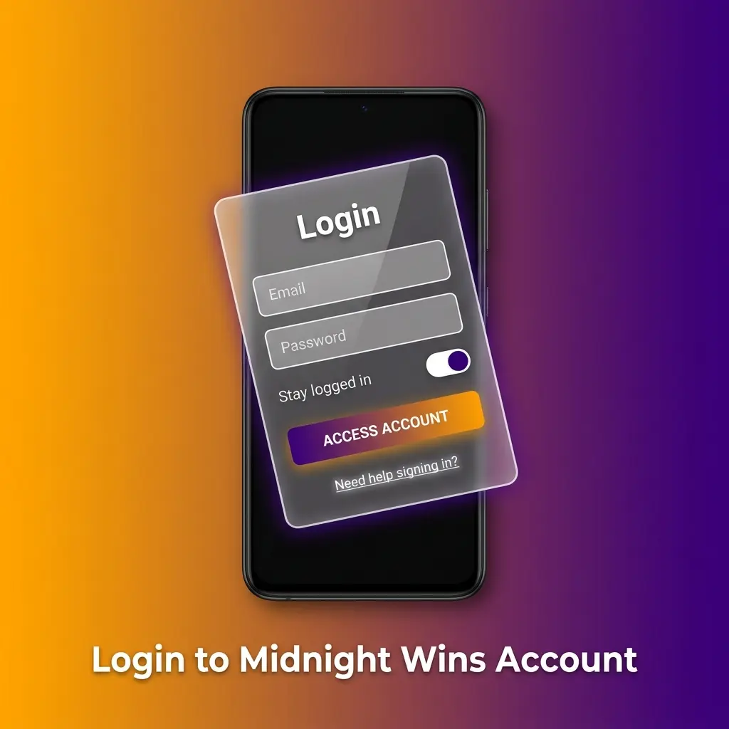 Midnight Wins casino login page showing sign-in form with email, password fields and social login options on desktop and mobile