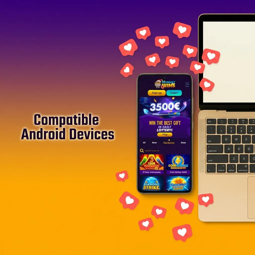 Compatible Android devices for Midnight Wins app including Samsung Galaxy, Google Pixel, OnePlus, Xiaomi, and more