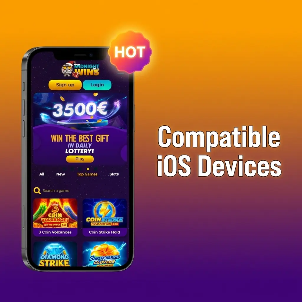 Midnight Wins app compatible iOS devices list including iPhone X through 17 series and iPad Air and Pro models