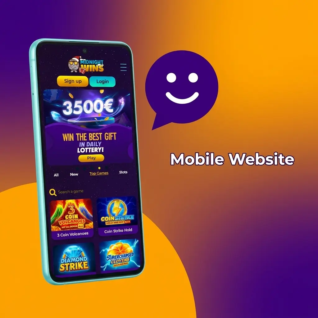 Midnight Wins mobile website on smartphone showing casino and sports betting features in a responsive browser layout