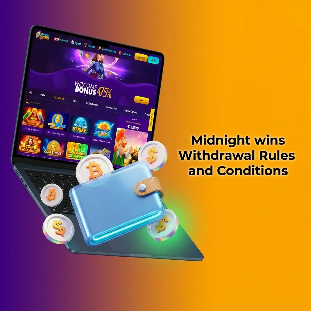 Midnight Wins withdrawal rules covering KYC, wagering requirements, same-method policy, limits, and GBP currency for UK players