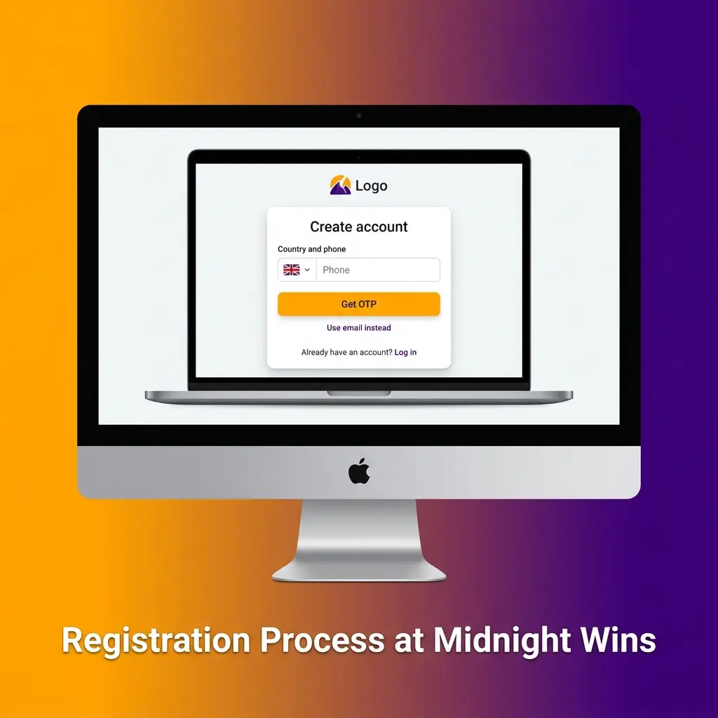 Midnight Wins casino registration process steps showing account sign-up form with email and password fields