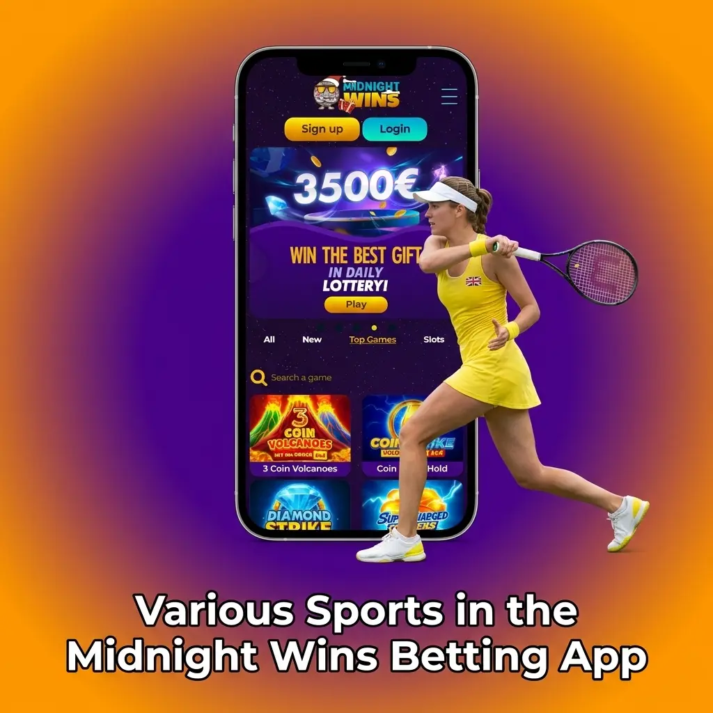 Midnight Wins betting app sports catalogue showing football, tennis, basketball, rugby, horse racing, eSports and more